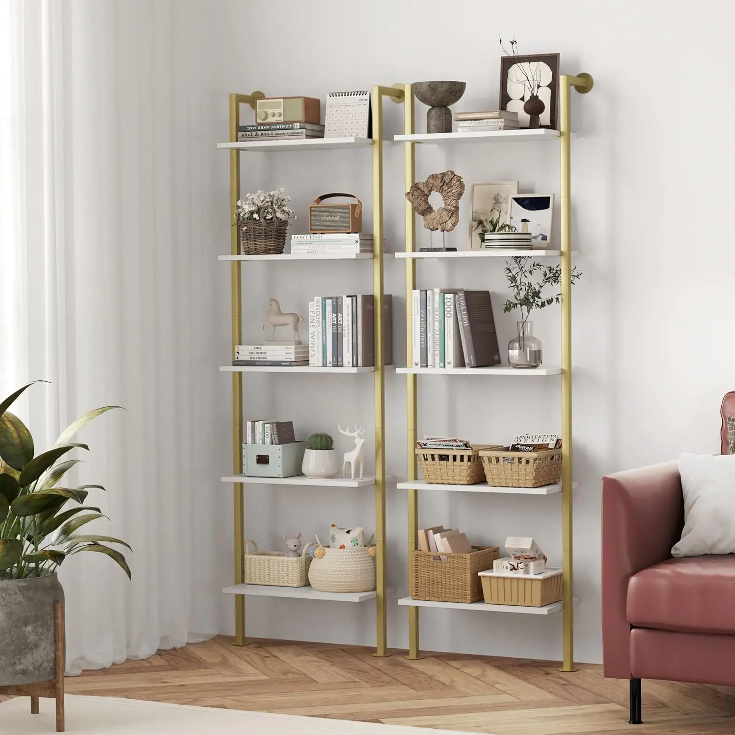 5-Tier Bookshelf. Solid Wood Narrow Bookcase Set of 2. Wall Mount Ladder Shelf. White and Gold.