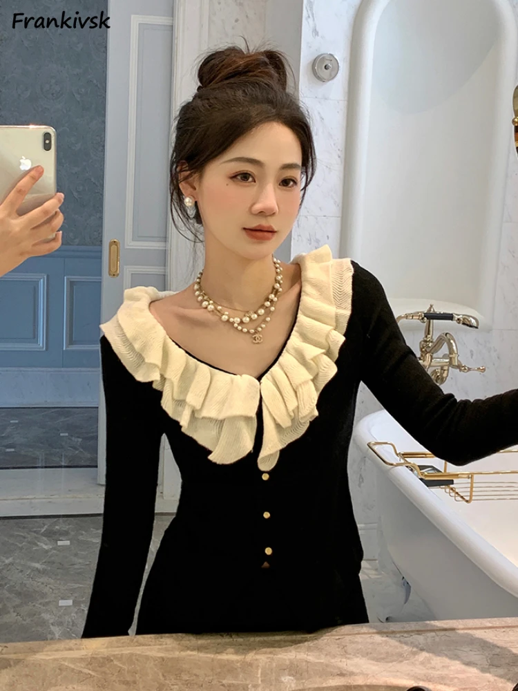 

Ruffled Collar Cardigan Women Fairycore Hong Kong Style Knitting Daily Simple Fashion Temperament Ladies Sweaters Aestheic Chic