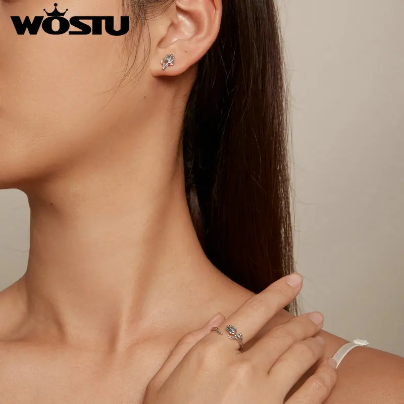 WOSTU 새로운 도착 튤립 귀걸이 오프닝 링 세트 여성을위한 스피넬 귀 스터드 파인 쥬얼리 파티 날짜 선물