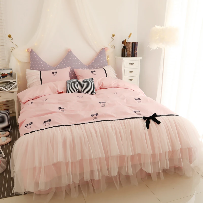 

Pure Cotton All Cotton Princess Style Pink Bed Four-Piece Set Lace Girl Sheets 1.8M Bed Skirt Quilt Cover