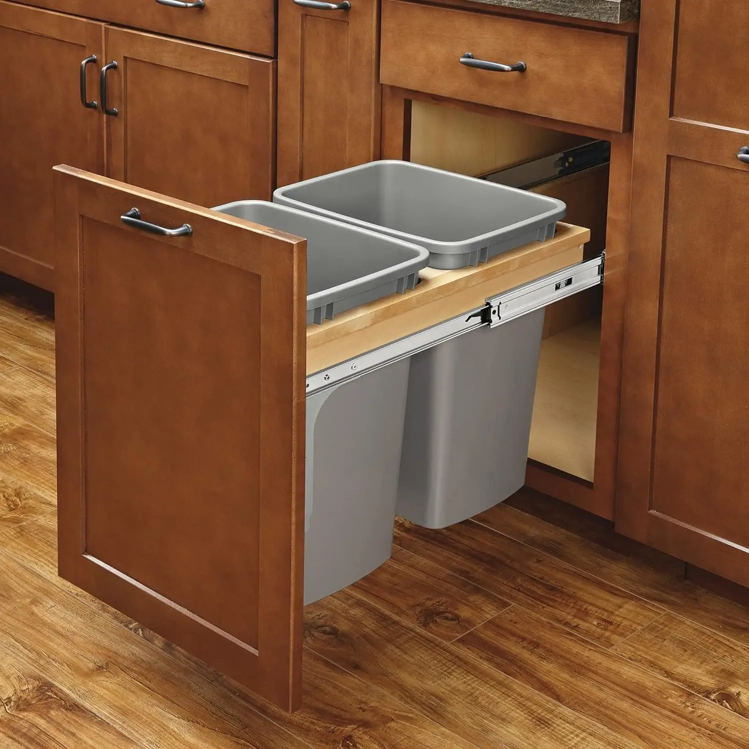 

Dual Pull Out Under Cabinet Trash Can with Soft Close Slides, 35 Qt Garbage Bin for 15" x 1.5" Face Frame, Silver