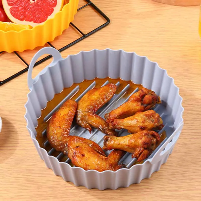 

21Cm Air Fryer Pot Tray Silicone Round Shape Bbq Barbecue Airfryer Pad Plate Reusable Oven Baking Mold Air Fryer Accessories