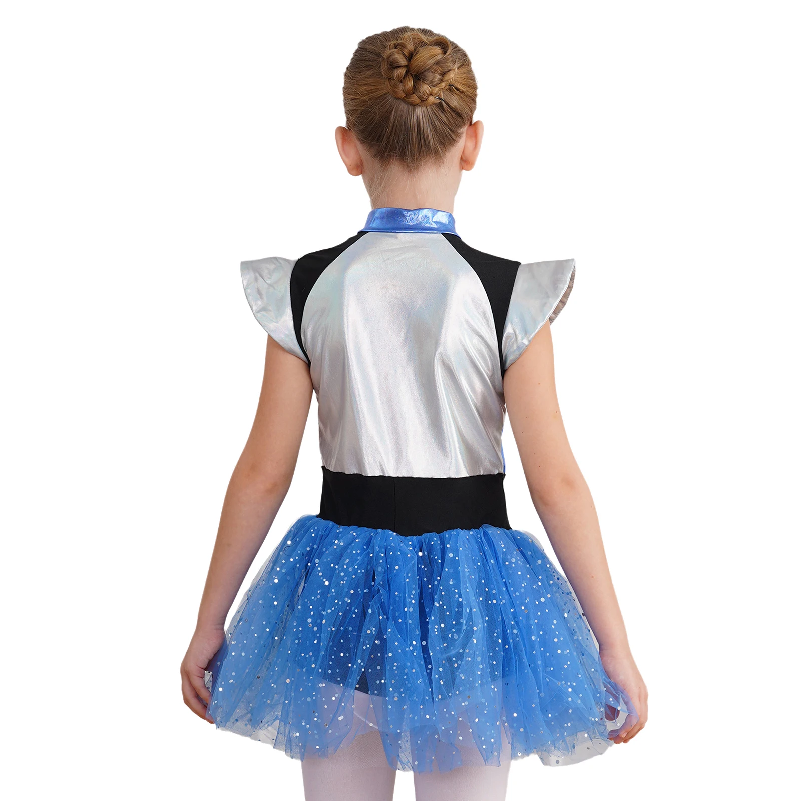 Description Picture 6 of itemKids Girls Cheerleading Uniform School Girls Cheer Dance Dress Short Sleeve Shiny Spangles Tutu Dress Bodysuit Alien Costume