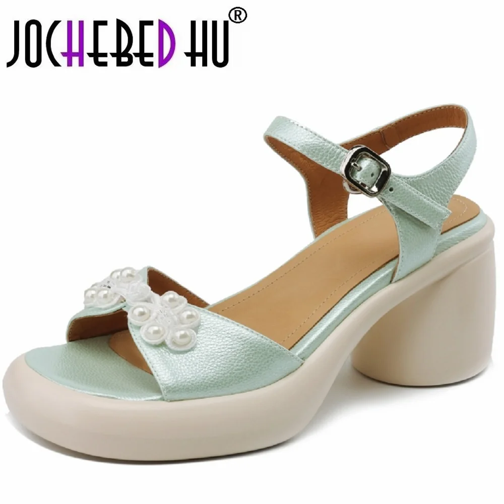 

【JOCHEBED HU】New Summer Genuine Leather Sandals Designer Sexy Chinese knot Slingback Mules Pumps Women Shoes Slides 33-40