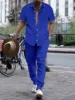 2024 Summer Thin Men's Casual Lapel Solid Color Micro Stretch Shirt Loose Striped Short Sleeve Pants Beach Suit 6