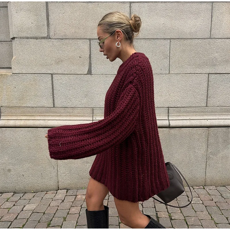 Casual Knitted Solid Mid Long Sweaters Women Loose O-neck Long Sleeve Dark Red Pullover Sweaters Female Autumn Chic Street Tops