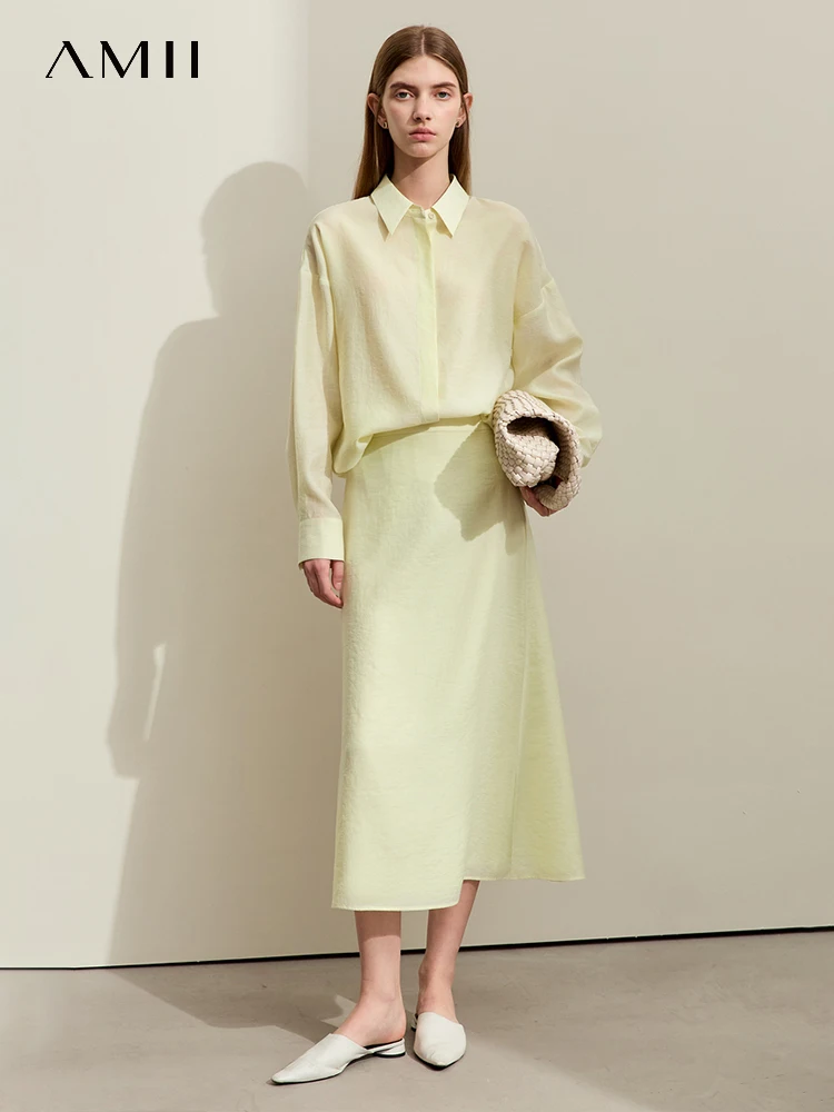 

AMII Minimalism Dress Sets 2024 Spring New Office Lady Women Blend Long Loose Shirt + Solid Half-body Skirt Female Suit 12421009