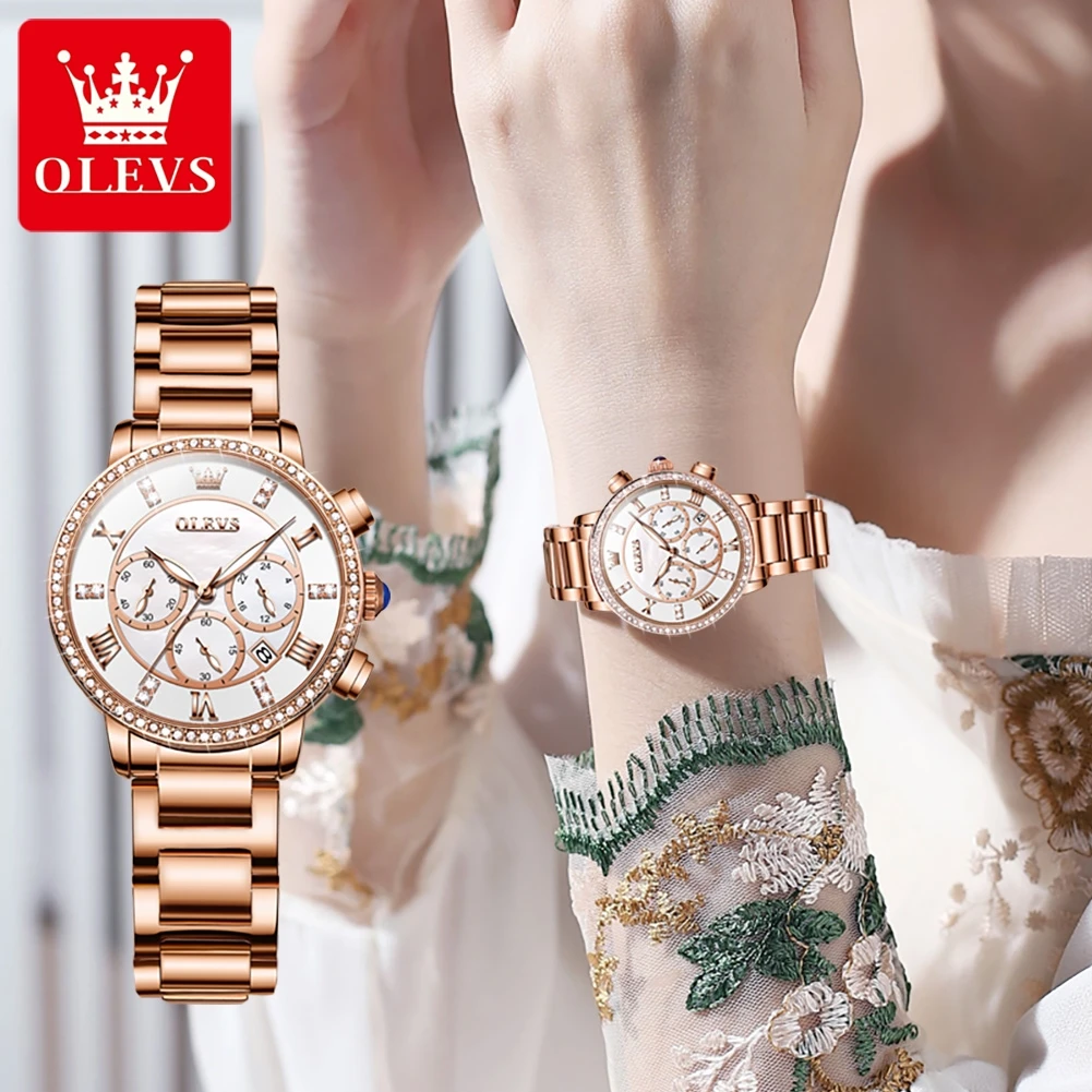 OLEVS New Quartz Watch for Women Luxury Rose Stainless Steel Women's Watches Elegant Ladies Luminous Waterproof Wristwatch Reloj