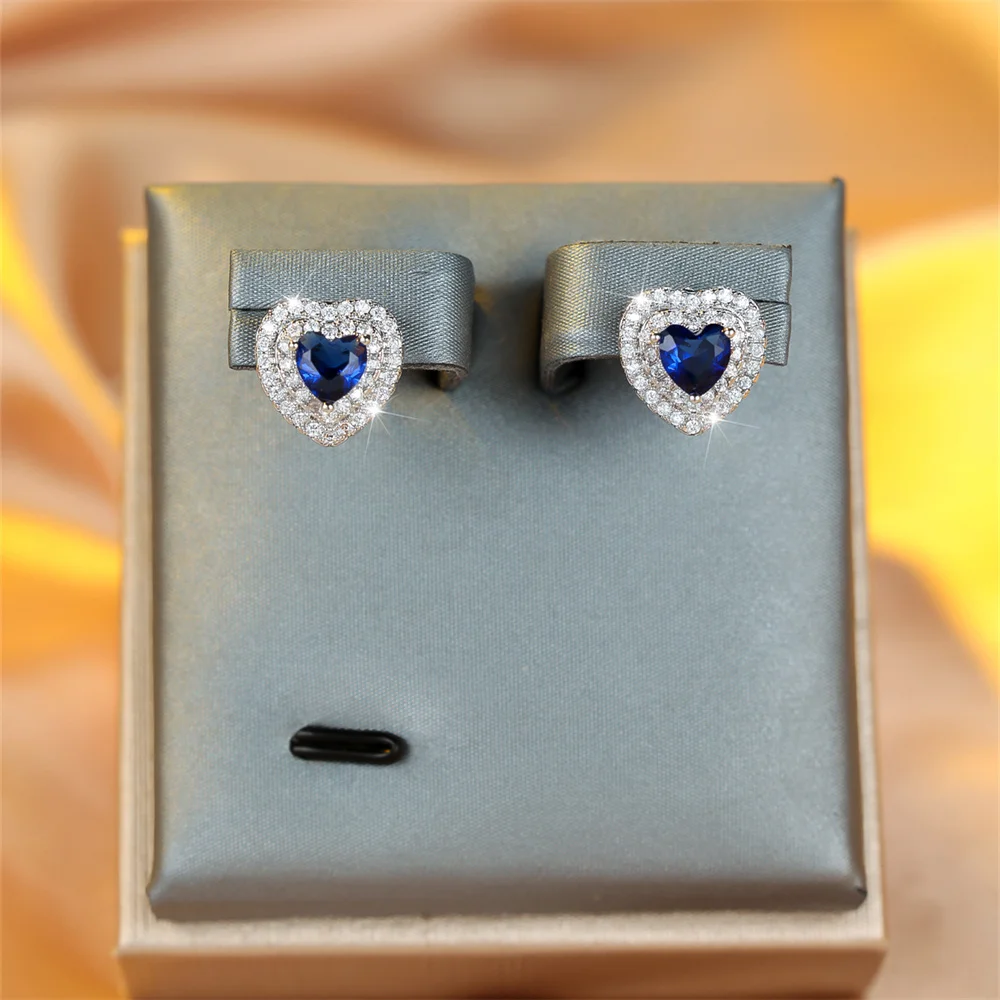 Blue Green Love Heart Stone White Zircon Stud Earrings For Women Vintage Silver Color Wedding Earring Valentine Jewelry Gifts