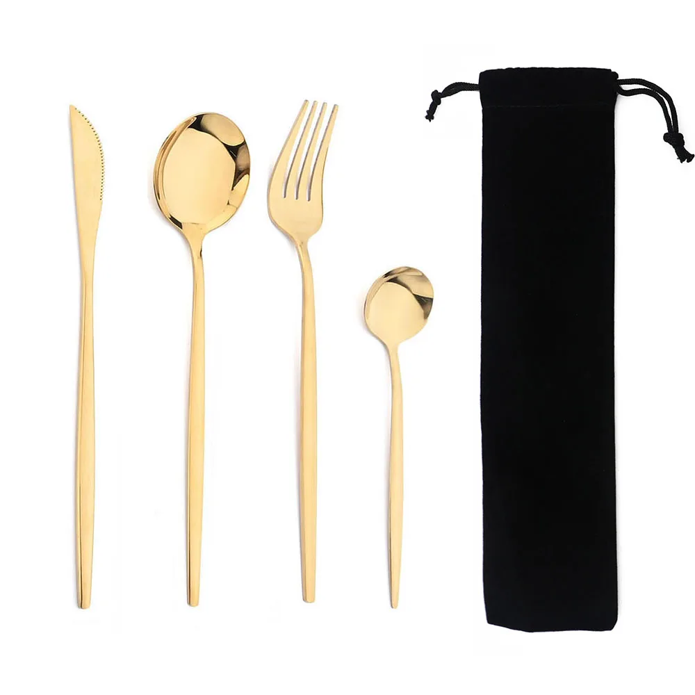 Stainless Steel Cutlery Set Cutlery Set Western Style Cutlery Set Picnic Cutlery Set Portable 4Pcs Dinnerware Set Stainless Steel Tableware Cutlery Western Knife Fork TeaSpoon Kitchen Dinner Flatware Set with Bag