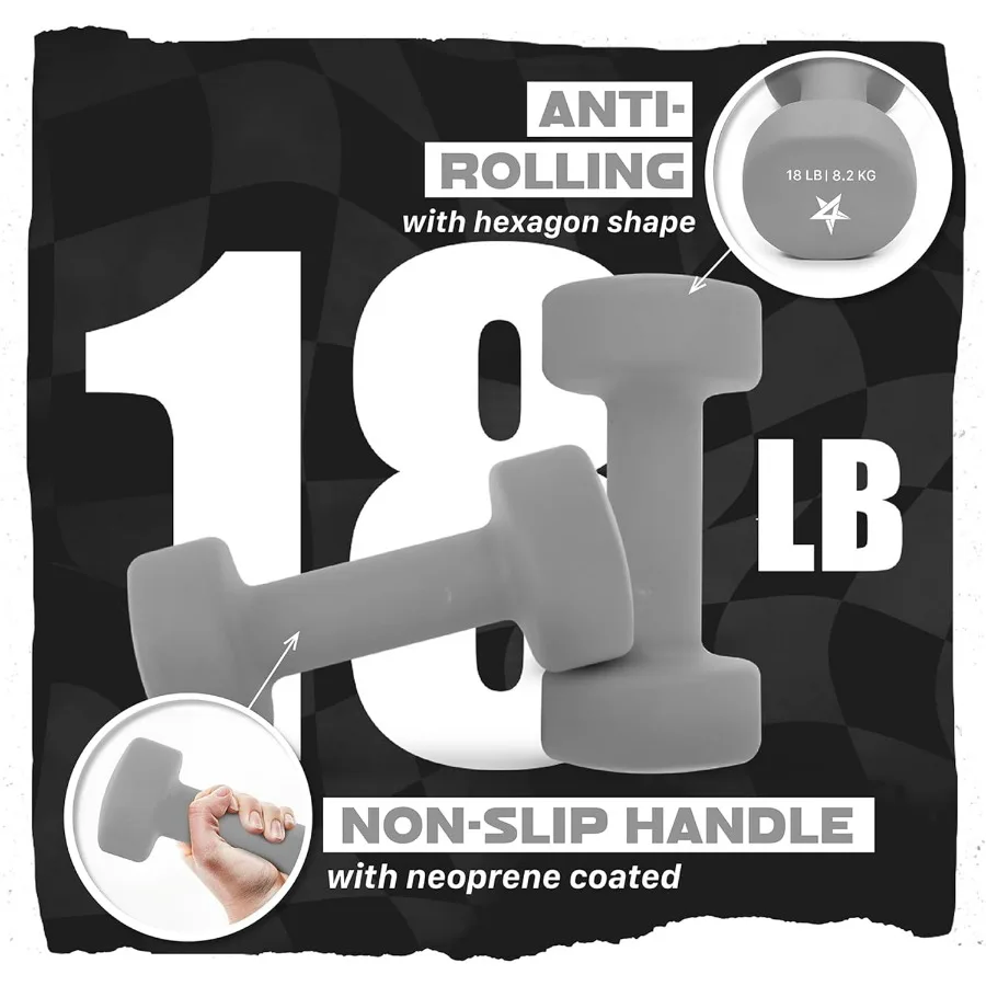 Neoprene Coated Dumbbell Hand Weight Sets of 2 -18lbs - Pair, Anti-roll, Anti-Slip, Hexagon Shape