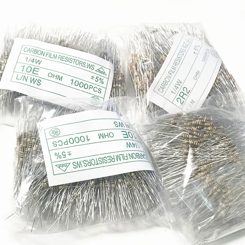 1000pcs 1/4W 5% Carbon Film Resistor 1R ~ 10M 0R 10R 100R 220R 330R 1K 2.2K 3.3K 4.7K 10K 22K 47K 100K 1M