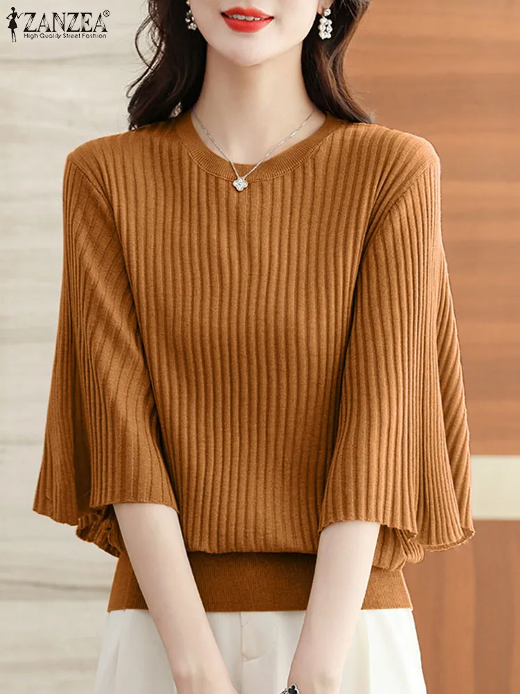 

ZANZEA Solid Color Ribbed Knitted Blouses Casual O Neck Spring Flared Sleeve Shirt 2024 Fashion OL Elegant Women Tops Blusas