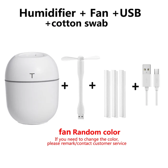 200ML Mini Ultrasonic Air Humidifier Romantic Light USB Essential Oil Diffuser Car Purifier Aroma Anion Mist Maker With LED Lamp white -fan