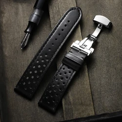 Premium Genuine Cowhide Leather Watch Band with Butterfly Buckle - Universal Breathable Bracelet - 22mm (Black)