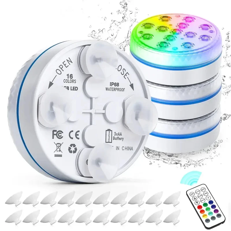 공장 재고 7CM 수중 LED 수영장 조명, 배터리 작동, RF 리모컨 16색, 4개 자석 및 4개 흡착판 포함
