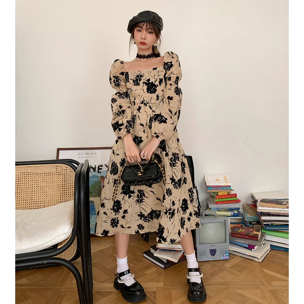 

Fall New Long-sleeved Dress for Women French Retro Square Neck A-line Bodycon Dress Print Floral Elegant Party Evening Dress