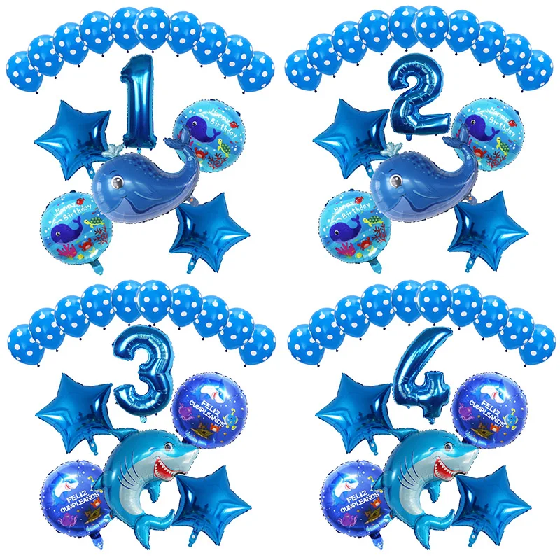 New Ocean Shark Dolphin Animal Foil Balloons Tema Numero Blu Decorazione Per Feste Di Compleanno Ragazzi Ragazze 1 Anno Baby Shower Toys Gift