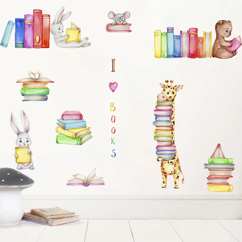 Cartoon Animal Wall Decal Children's Imagination Giraffe Bear Rabbit Baby's Favorite Reading Decoration