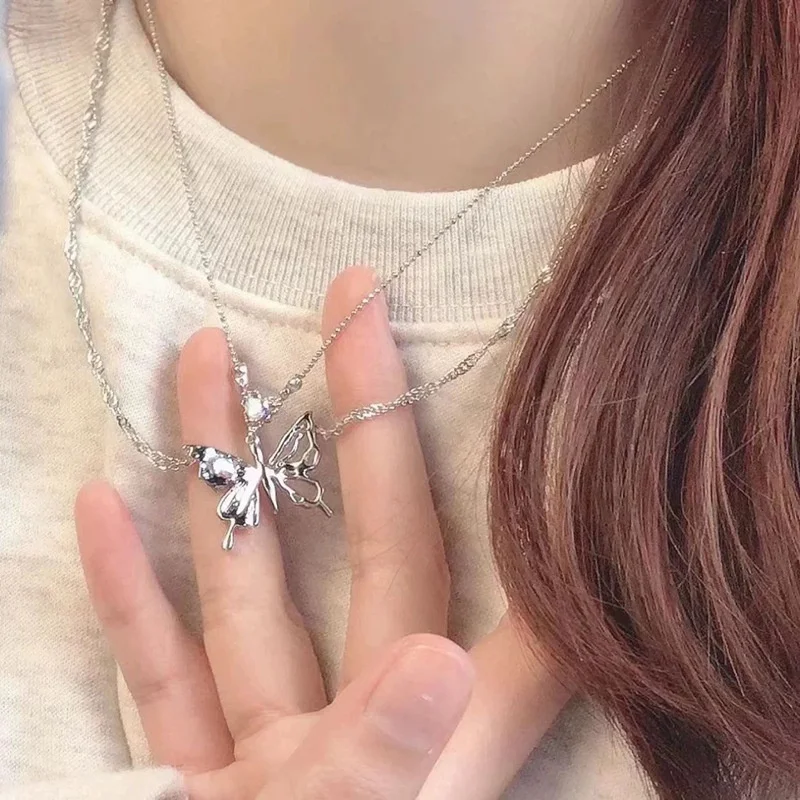 Y2K Butterfly Necklace for Women Girls Silver Color Crystal