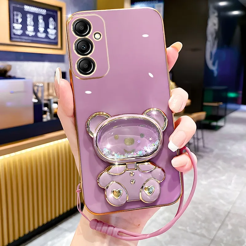 

Glass Quicksand Bear Case For Samsung A54 A25 A05S A04E A34 A21S A14 A33 A24 A13 5G A04S A31 A23 A52 A15 A32 A53 Plating Cover