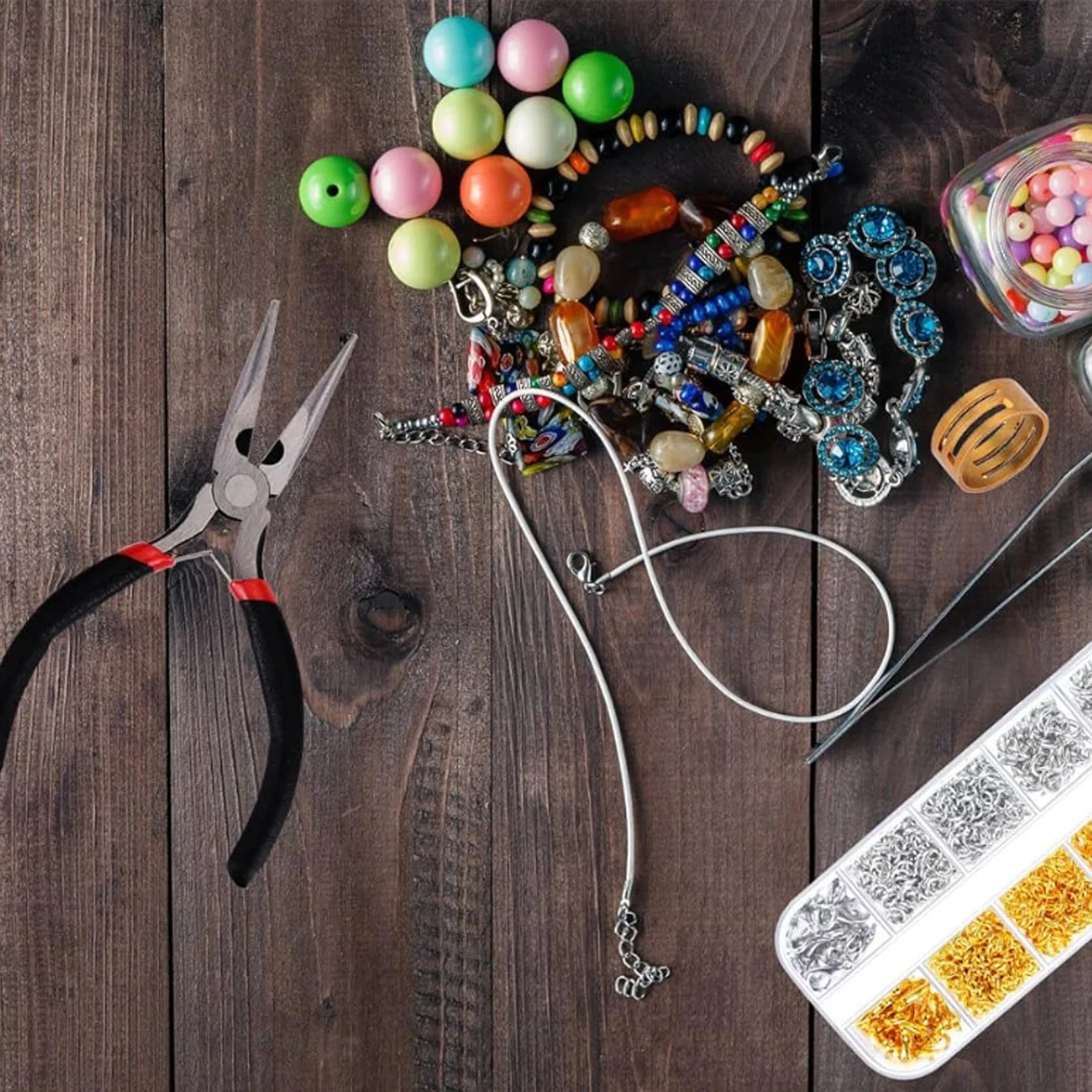 Gold and Silver Jewelry Accessory Kit with Jump Rings, Lobster Clasps, and Pliers