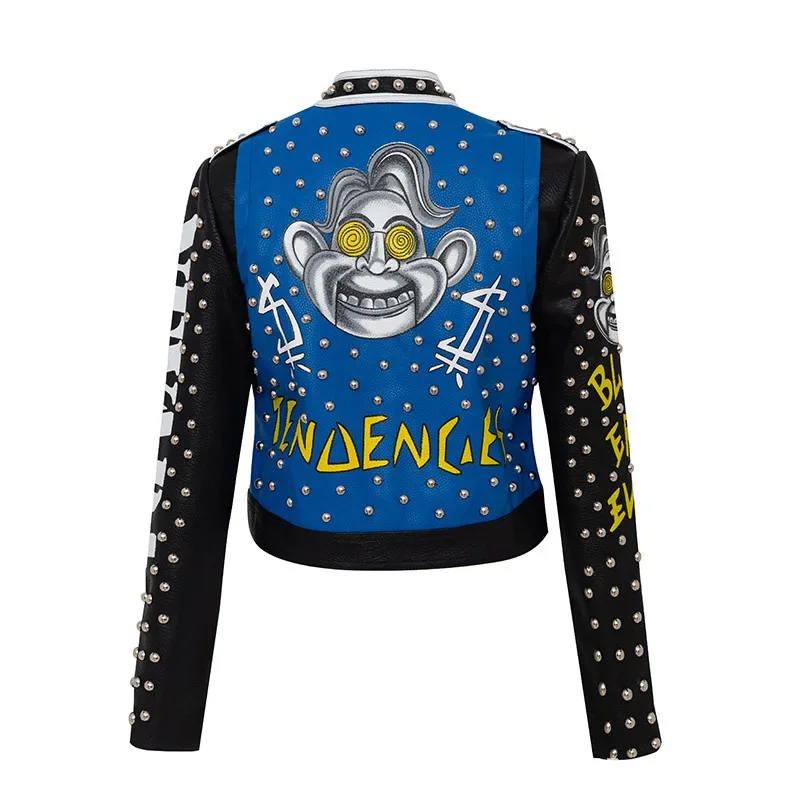 Graffiti Print Cropped Leather Jacket Women 2024 Trend Rock Punk Style Streetwear Motorcycle Faux Leather Studded Jacket