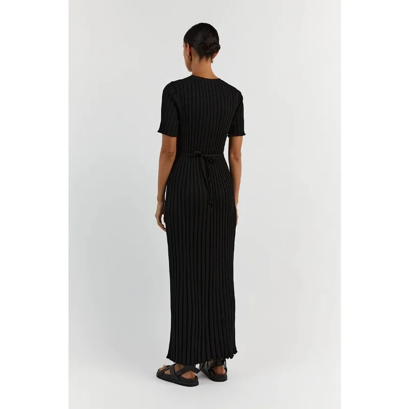 Ribbed Short Sleeve Casual Maxi Dress Knitwear Lace-Up High Waist Solid Patchwork Dress Autumn Female Knit Dress New