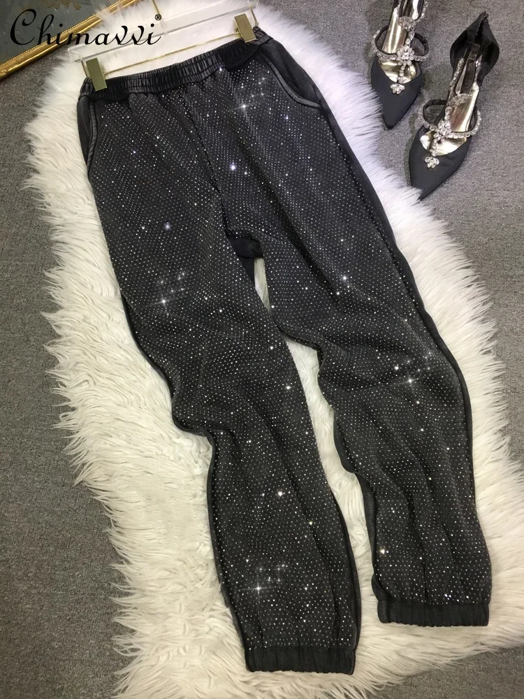 

Fleece Thick Sweatpants Women's Winter New Heavy Hot Rhinestone Shiny High Waist Slim Streetwear Black Ankle-Tied Sports Pants