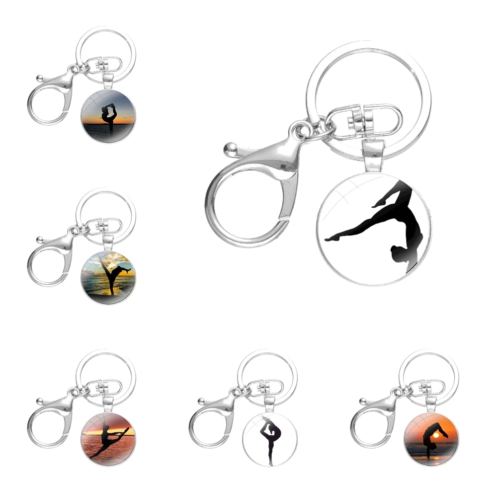 

Keychain Handmade Glass Cabochon Key Ring Holder Pendant Key Chains Fashion Cartoon Design Creative gymnastics silhouette