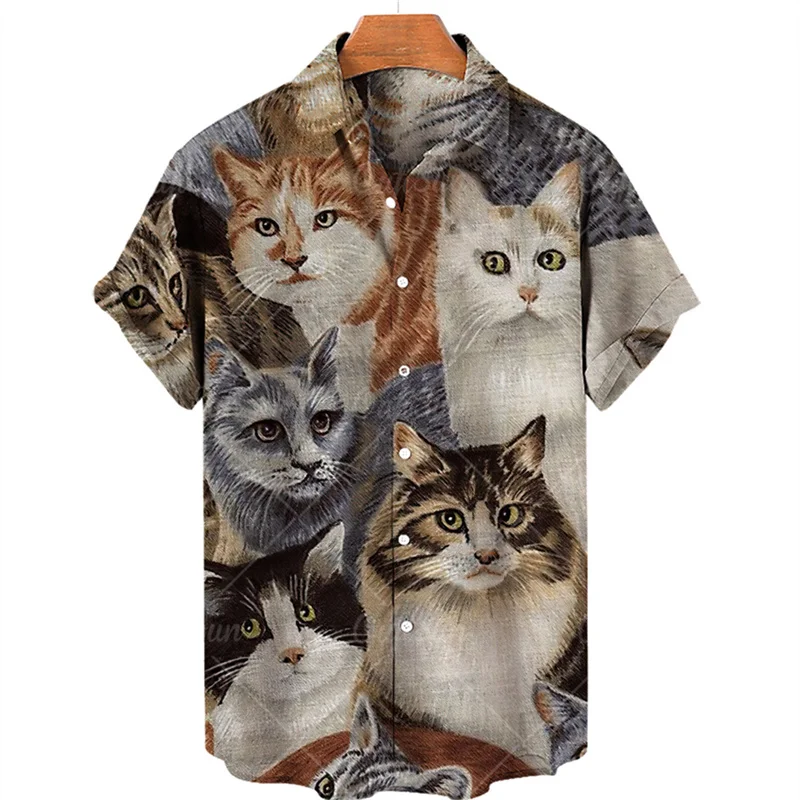 thumbnail image 1 of Camisa hawaiana con estampado 3D completo de gato para hombre, camisetas casuales de manga corta con botones para verano, camisas para hombre, 1 of 5