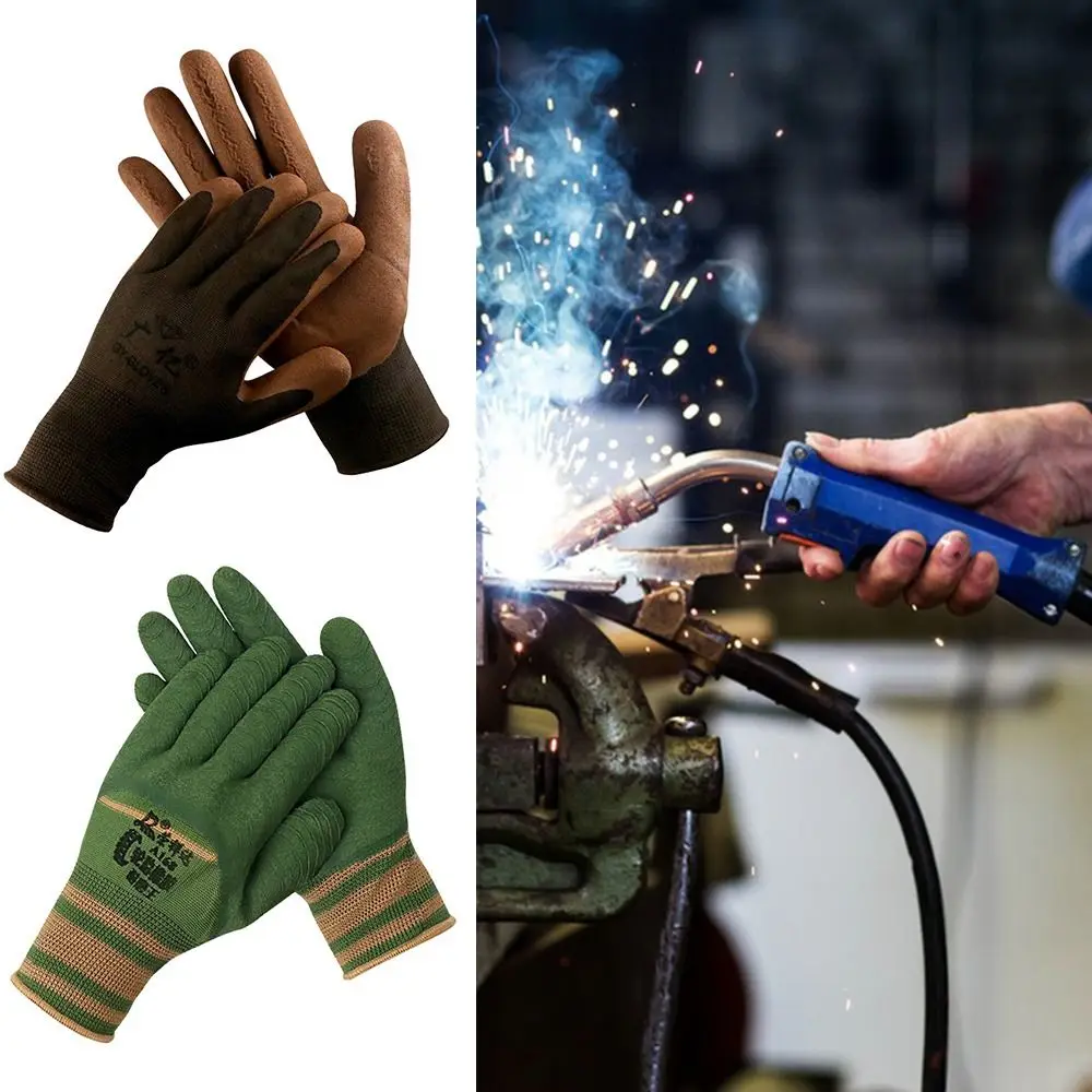 

13 Needles Rubber Coating Work Gloves Nylon Brown Green Elastic Mittens Antiskid Breathable Latex Work Gloves