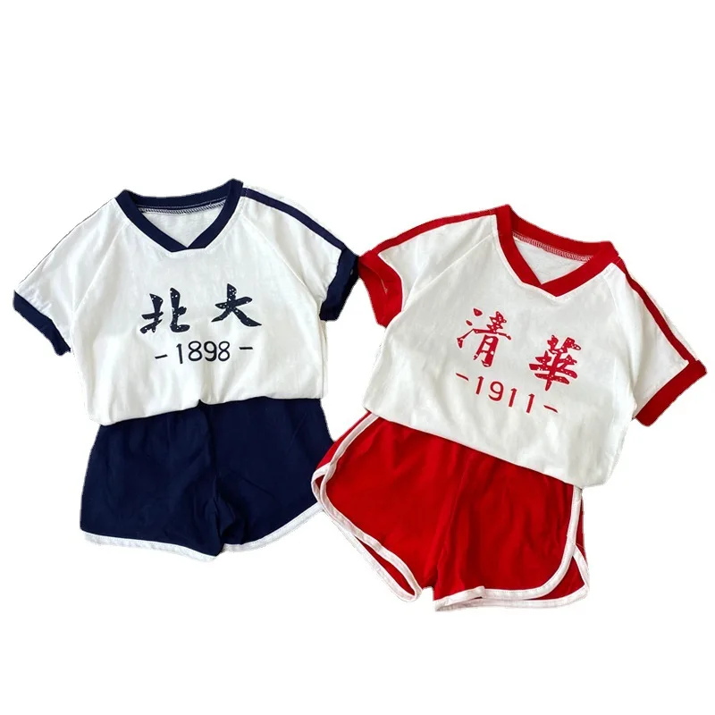 

Children's Short-Sleeve Suit Cotton Summer Text Printed T-shirt Set