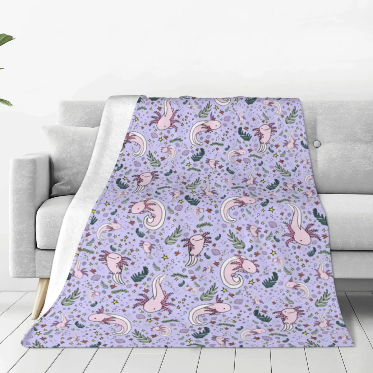 

Axolotls In Purple Cute Flannel Throw Blankets Cartoon Anime Salamander Blankets for Home Couch Soft Bedroom Quilt
