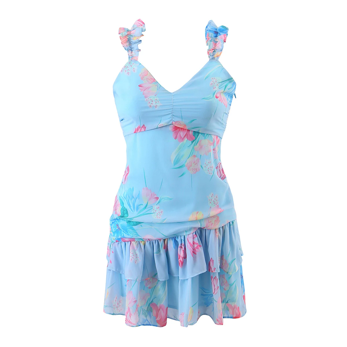 Flattering Tiered Ruffle Empire Waist Mini Summer Sundress - Pink