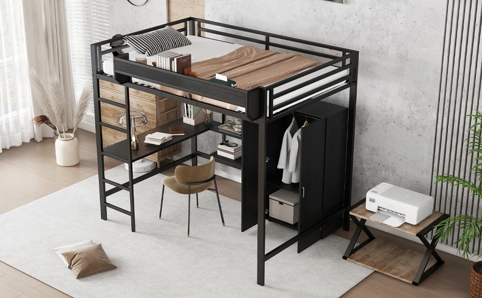 Eisenbett, Hochbett, Doppelstockbett mit Stauraum unter dem Schreibtisch, Oberbett mit Stauraum, mit Kleiderschrank, 140x200cm – Detail 15