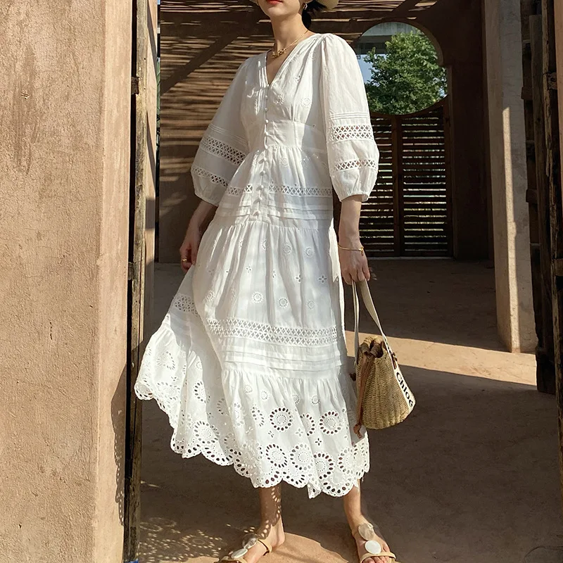 White Maxi Spring Summer Maxi Dresses Women's Embroidered Eyelet