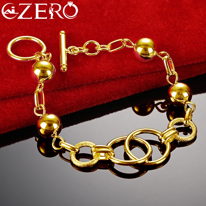 ALIZERO 24K Gold Bracelet 925 Sterling Silver Frosted Smooth Circular Ring Beads Bracelet Chain For Women Fashion Jewelry Gift