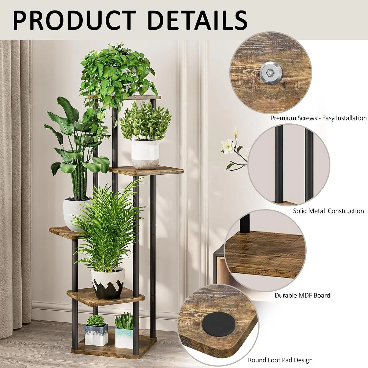Plant Stand 5 Tier Indoor Metal Flower Shelf Multiple Plants Corner Tall Flower Holders for Patio , Black (5 Tier-Black)