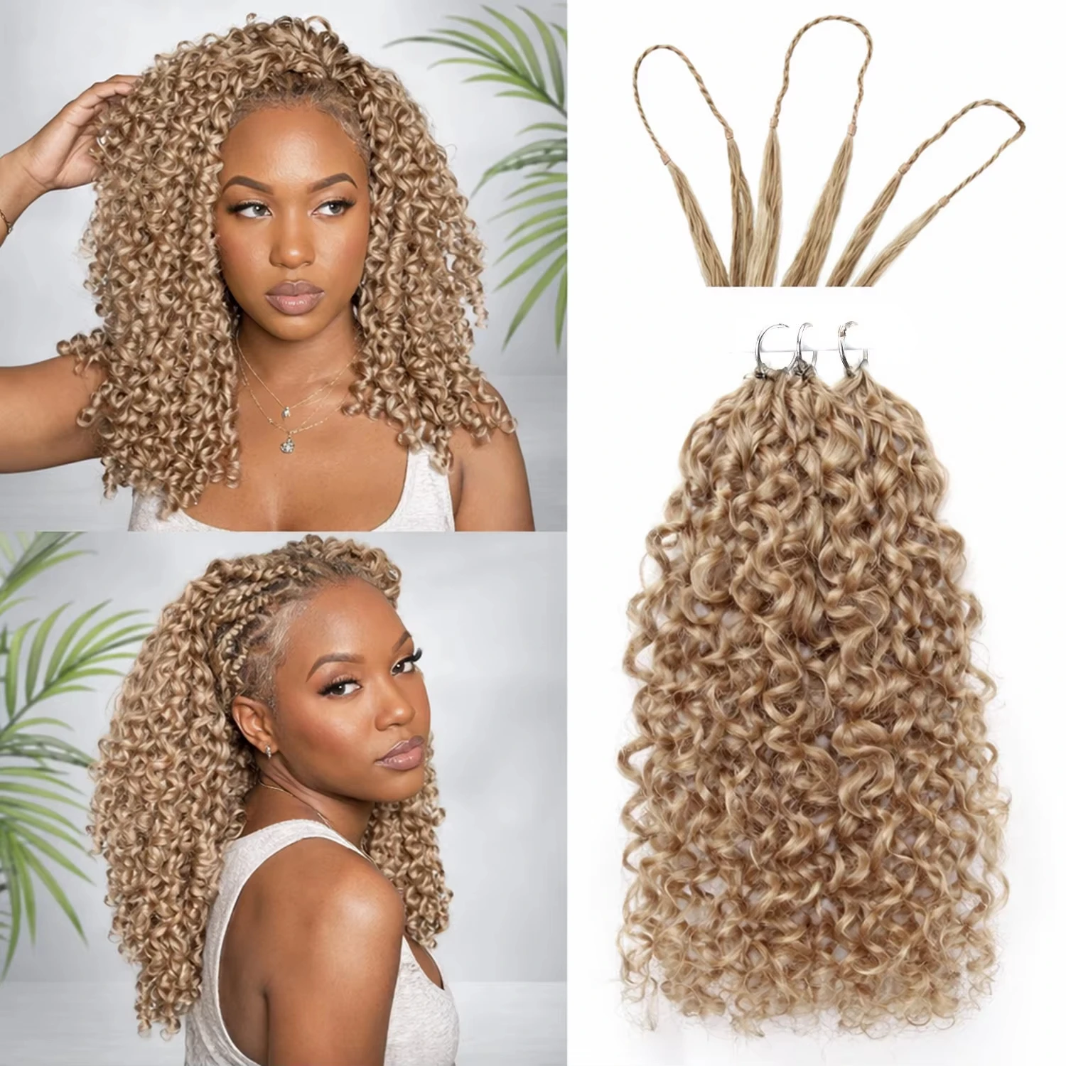 Extensions per capelli umani all'uncinetto 14A Honey Blonde, piccole spirali ricce e crespe, senza nodi, invisibili, pre-separate