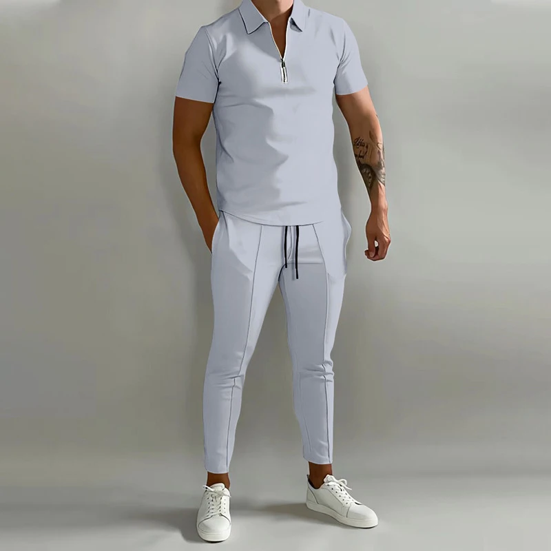 

2023 Spring Summer Fashion Solid Suit Men Casual Slim Short Sleeve Zipper Lapel Polo Shirt And Shorts Two Piece Sets Streetwear