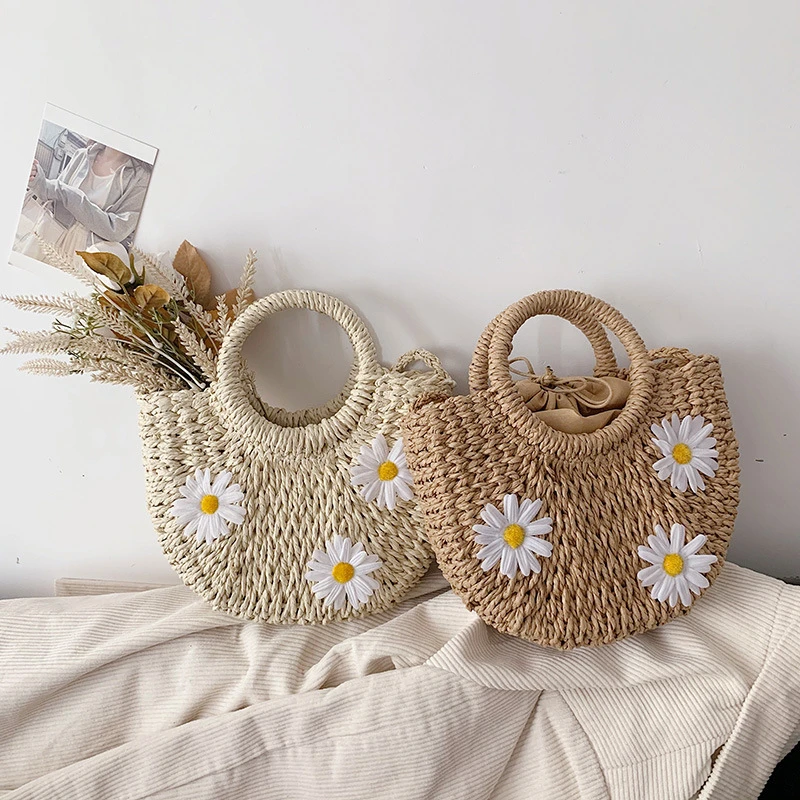 Handwoven Daisy Straw Rattan Half-Moon Beach Handbag Large Capacity Women Summer Hollow Out Crossbody Shoulder Bag