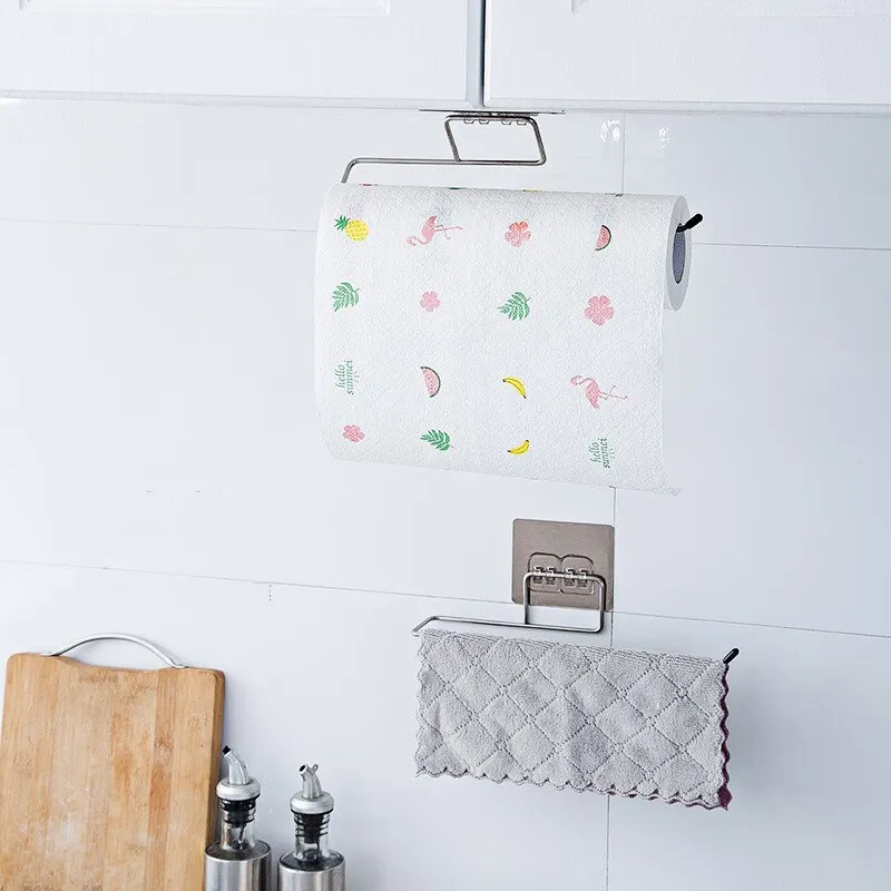 1 Pc Household Bathroom Shelf Towel Rack Kitchen Stainless Steel Non Perforated Rag Cling Film Wall Hanging Toilet Hanging Rack