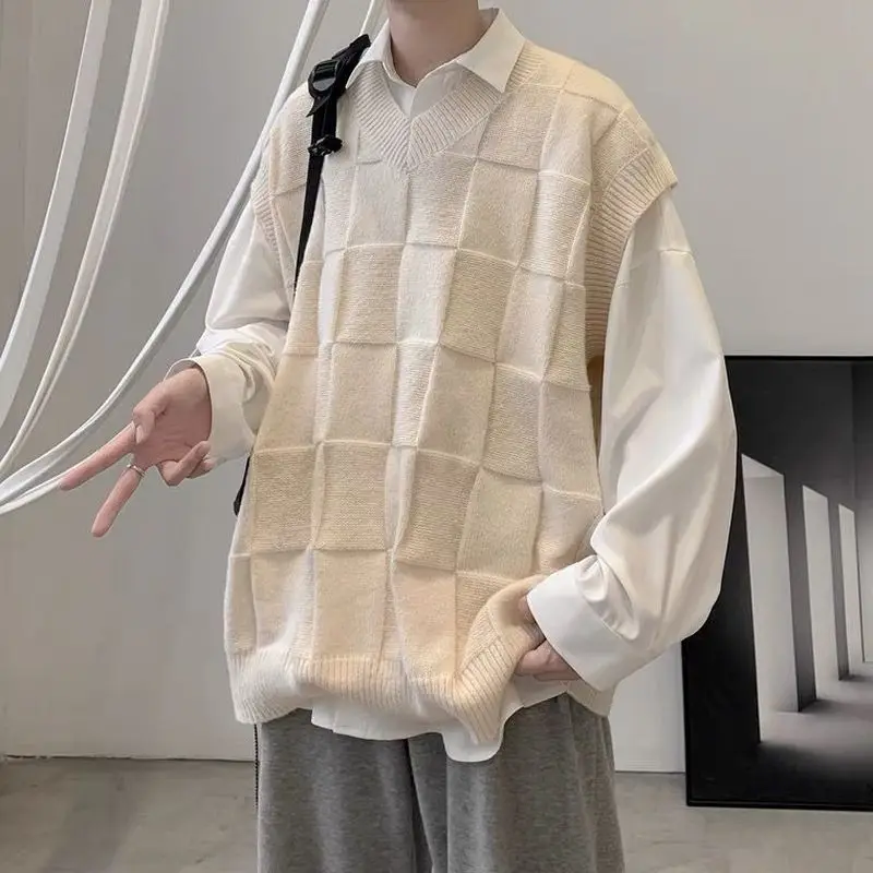 

White Knitted Vest Men Solid Lattice Harajuku Soft Cotton Sweaters Y2k Spring Autumn Oversize V-neck Jumper Women Korean Clothes