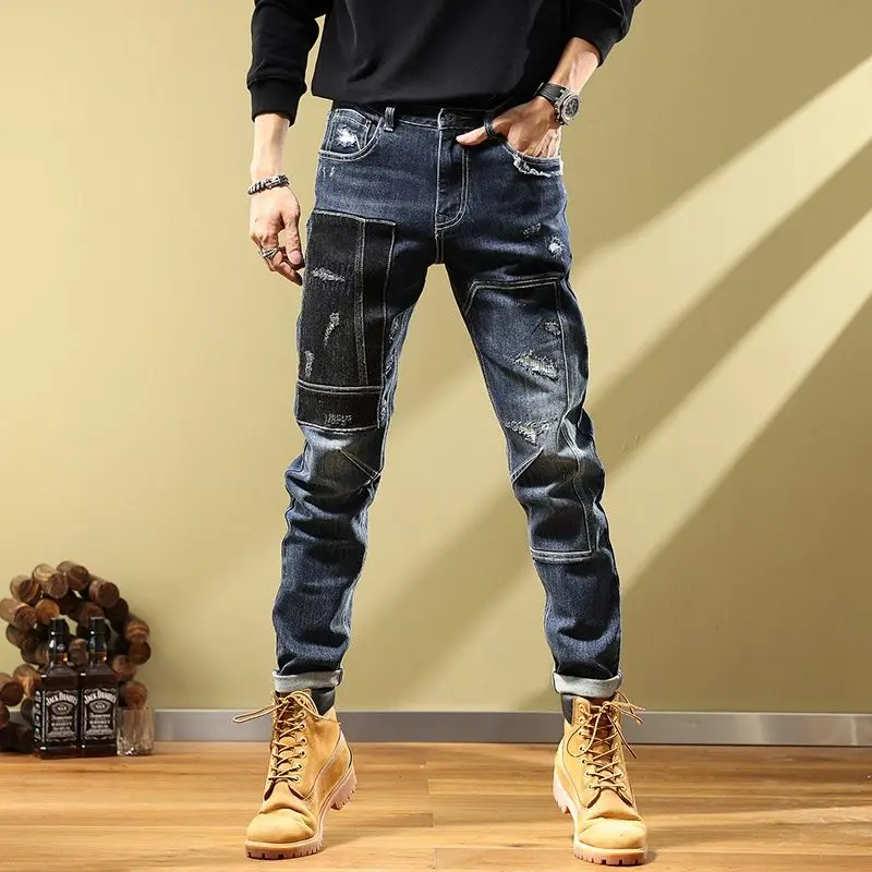 

Ripped Male Cowboy Pants with Holes Straight Motorcycle Trousers Torn Buggy Men's Jeans Broken Designer Washed Free Shipping Xs