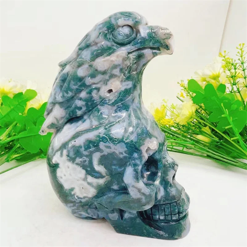 

Natural Moss Eagle Skull Carving Animal Statue Healing Energy Lucky Gem Crafts For Home Room Decoration 1pcs