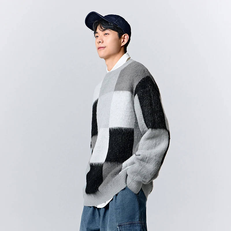남성용 세미 풀오버 스웨터, 격자 무늬 자카드, 레트로 트렌디 루즈 스웨터, 겨울 2023 신상