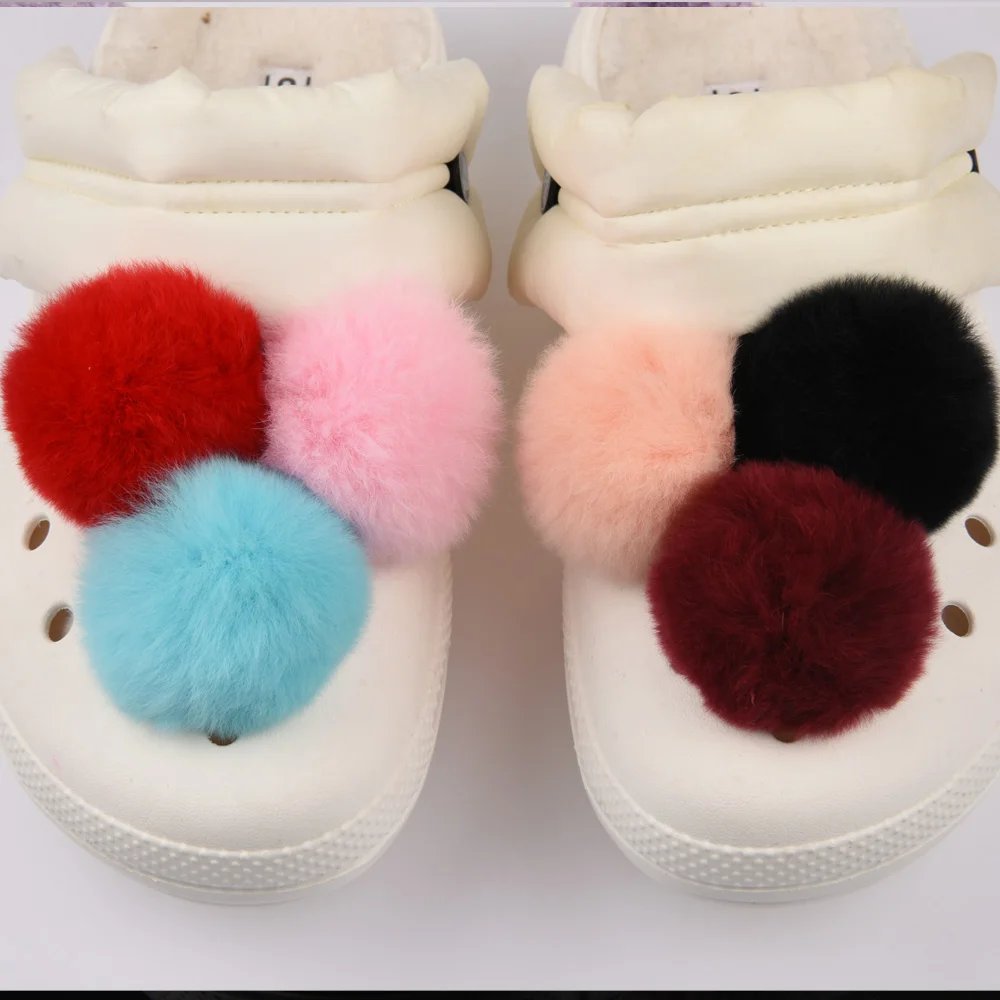 Single Sale Real Fur Pompom Fluffy Shoe Charms Multi-color Plush Ball Shoes Accessories Boys Girls Garden Sandals Decorations