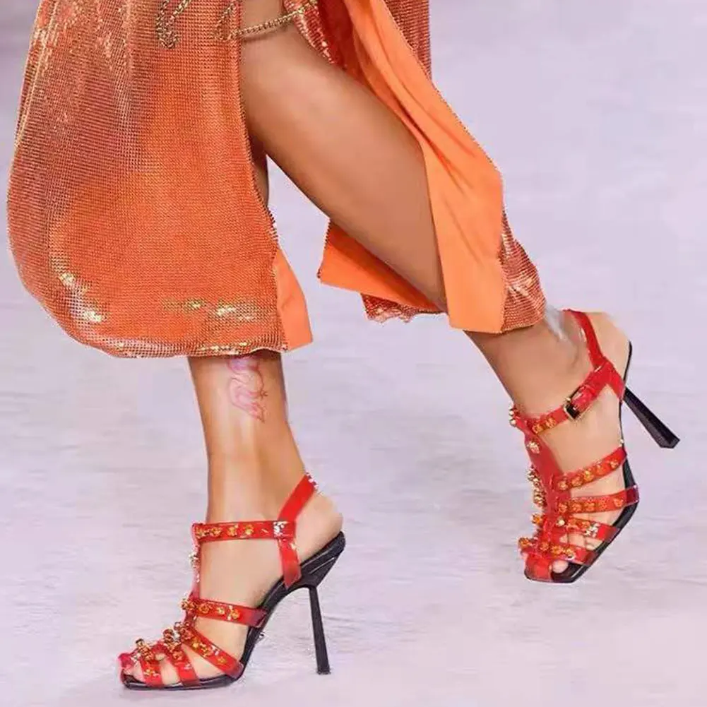 

Brand 2023 Sexy Rivets Women's Designer Sandals 10cm High Heels Big Size 42 Party Shoes Woman Summer Footwear