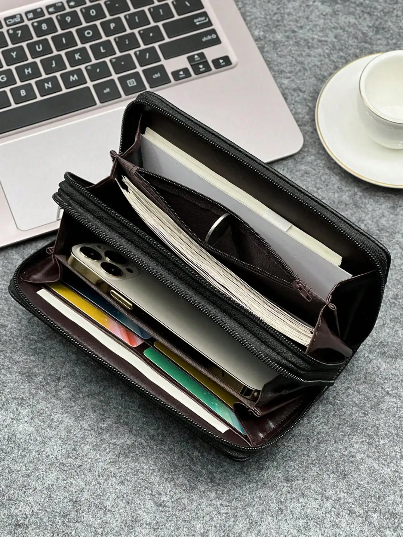 Wallet double compartment bag／black Fashion Simple Business Men's Clutch Bag Double Zipper Large